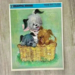 Vintage 1968 Rainbow Works Cardboard Frame Tray Puzzle Delightful Doggies 11x13